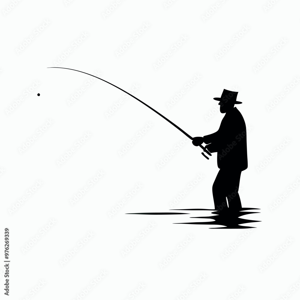 a black silhouette of a man fishing. He is standing in the water and is holding a fishing rod with both hands. The man is facing towards the right side of the image and appears to be casting his line a black silhouette of a man fishing. He is standing in the water and is holding a fishing rod with both hands. The man is facing towards the right side of the image and appears to be casting his line