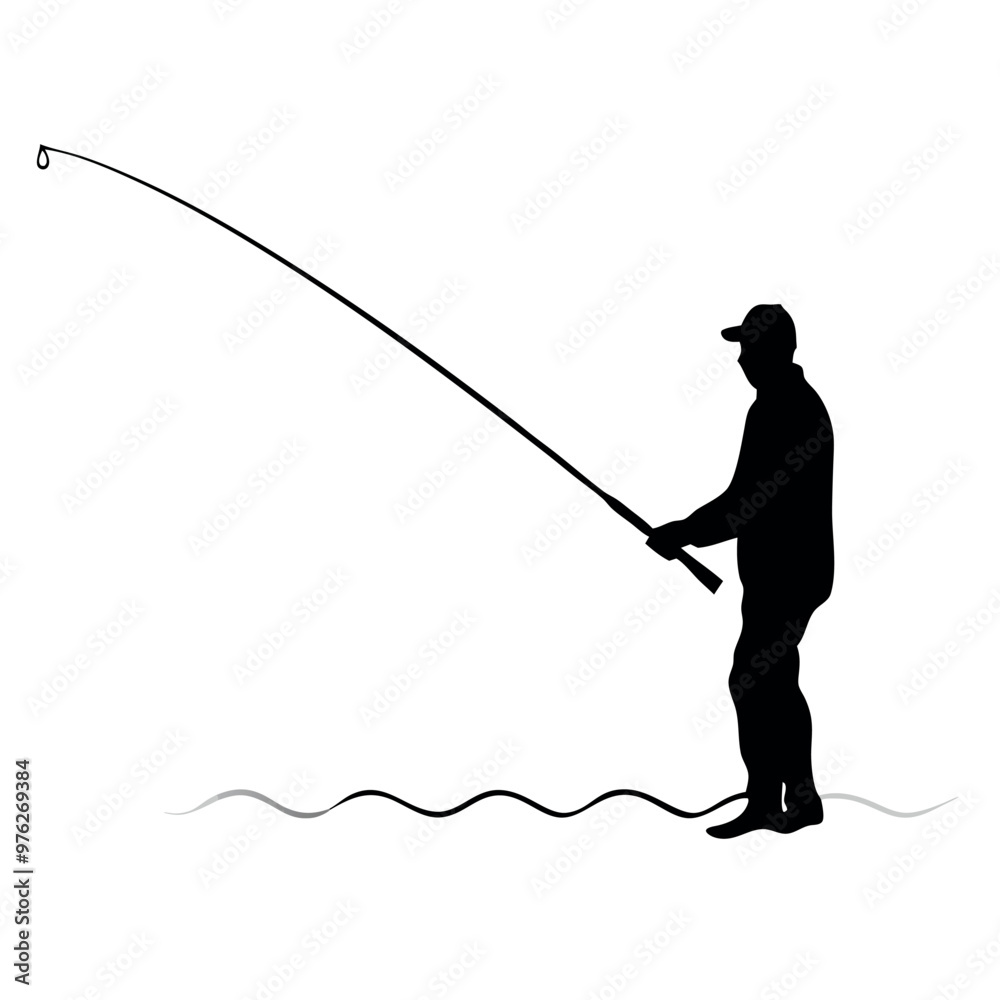 Obraz premium a black silhouette of a man fishing. He is standing in the water and is holding a fishing rod with both hands. The man is facing towards the right side of the image and appears to be casting his line 