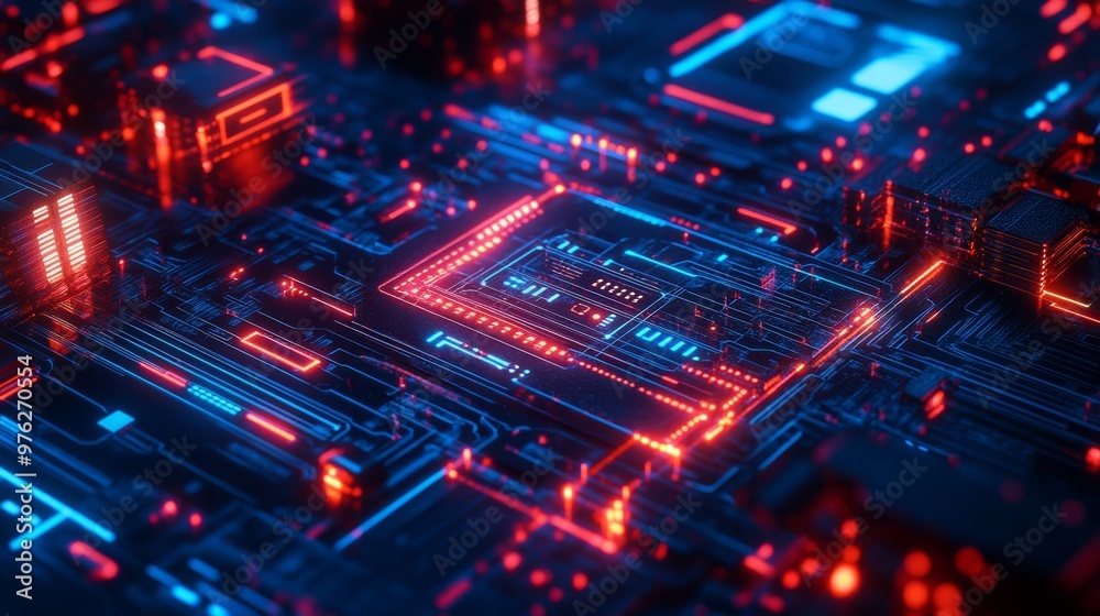Abstract Digital Circuit Board with Red and Blue Neon Lights. Abstract Digital Circuit Board with Red and Blue Neon Lights.