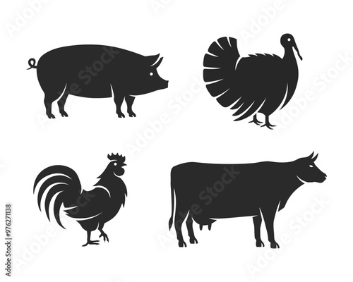 Pig, Turkey, Rooster, Cow logo. Farm Animals silhouettes for Emblem design. Simple animals icons. Vector illustration