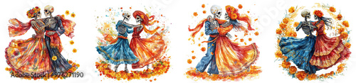 Colorful skeleton dancers twirling in traditional attire vivid celebration of life transparent background