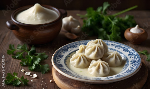 Homemade dumplings on a wooden board with garnish and sour cream