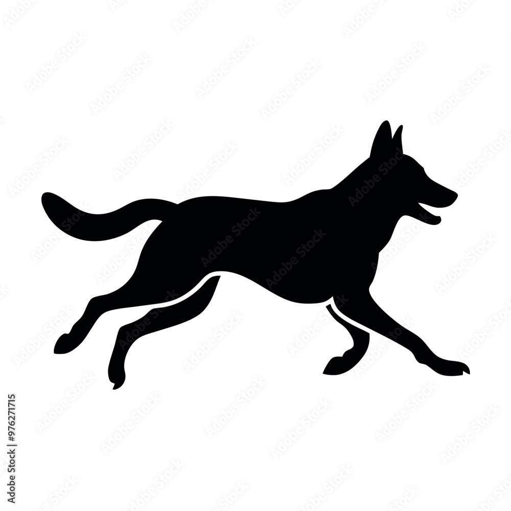 a dog running. The dog appears to be a German Shepherd or a similar breed. It is in mid-stride, with its front legs stretched out and its tail wagging a dog running. The dog appears to be a German Shepherd or a similar breed. It is in mid-stride, with its front legs stretched out and its tail wagging