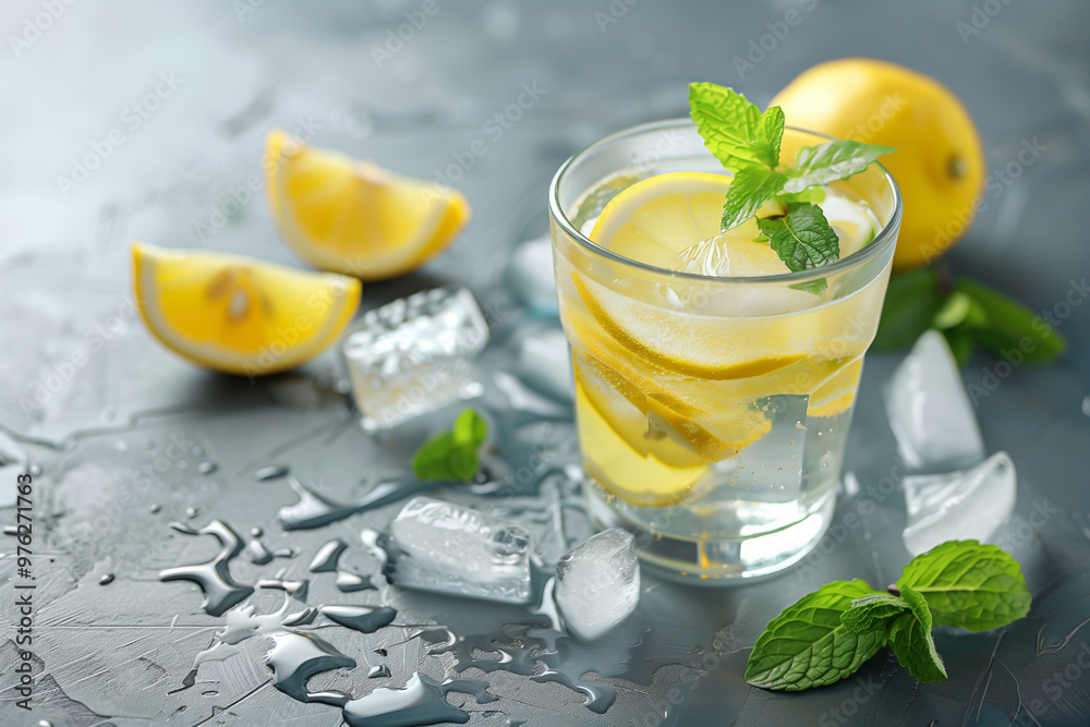 Fresh summer cocktail with lemons mint and ice, selective focus