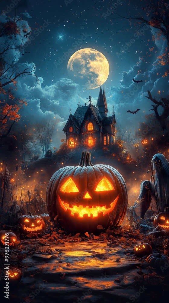 Fototapeta premium Halloween spooky night scene with a glowing pumpkin, eerie haunted house, floating ghosts, and flying bats, creating the perfect atmosphere for Halloween-themed or ads in a Halloween commercial