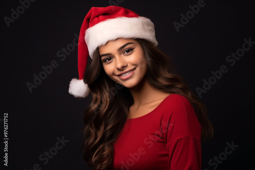 young smiling girl in red Christmas santa hat cone on black background