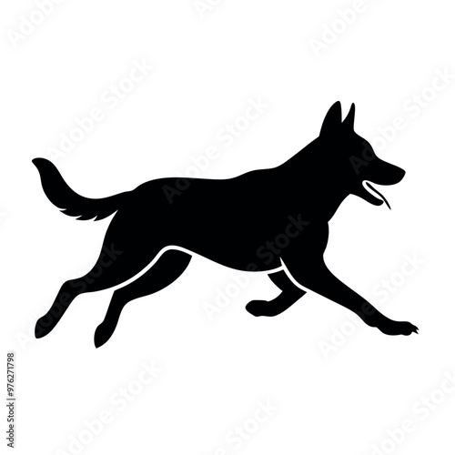 a dog running. The dog appears to be a German Shepherd or a similar breed. It is in mid-stride, with its front legs stretched out and its tail wagging