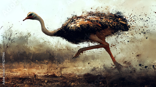 A Running Ostrich Artistic Style Painting Drawing Aspect 16:9 photo