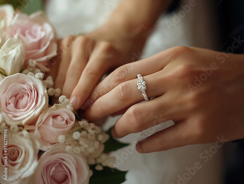 A bride wearing a wedding ring and touching roses - Generative AI