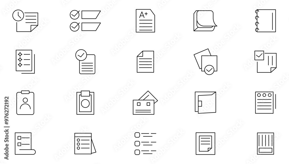 Note & Task line icon set. Duty, chore, project, job, tasks, list, multitasking, task manager, deadline, checklist, report, survey line icon set. UI thin line icon pack.
