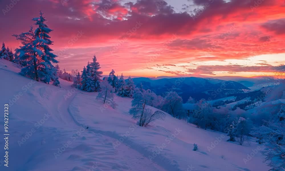 Winter wonderland at sunset: A snowy hill bathed in pink and purple hues Winter wonderland at sunset: A snowy hill bathed in pink and purple hues