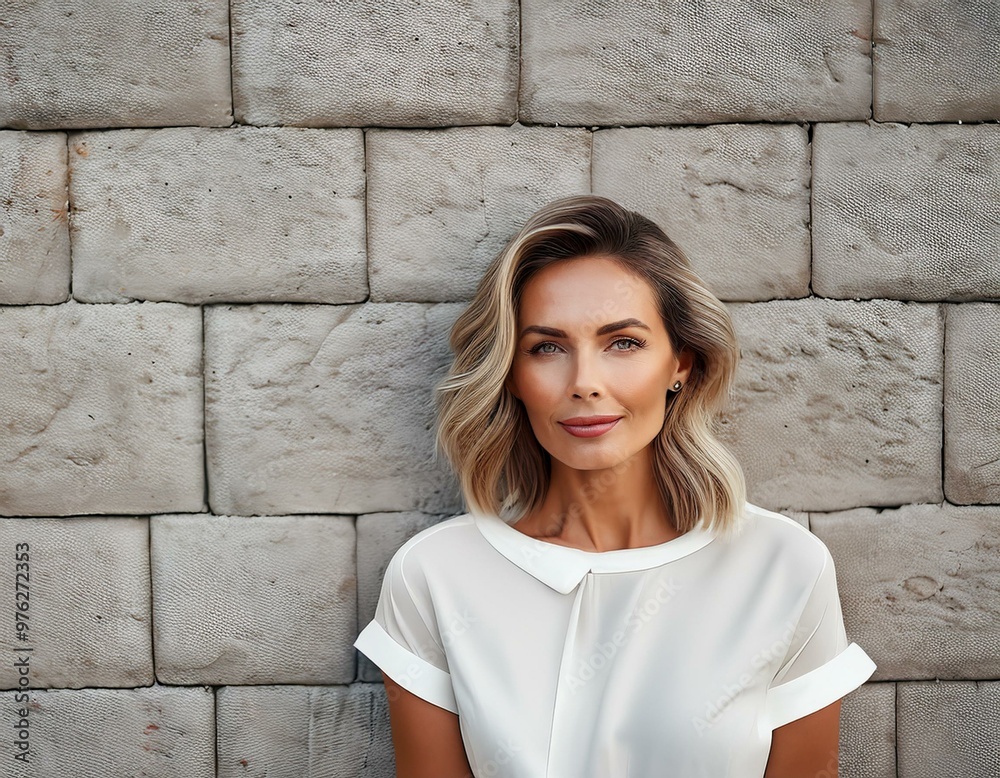 Woman with Natural Texture- A minimalist portrait of a woman against a natural, textured wall with copy space, for beauty, fashion, or architectural design projects Woman with Natural Texture- A minimalist portrait of a woman against a natural, textured wall with copy space, for beauty, fashion, or architectural design projects