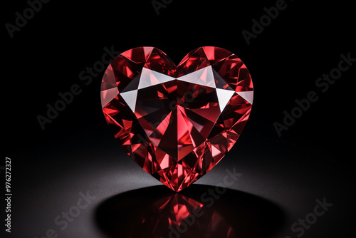 red diamond crystal in shape of heart symbol of love on black background photo