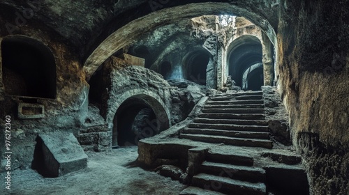 A staircase leading up to an unknown destination within an ancient underground passageway.