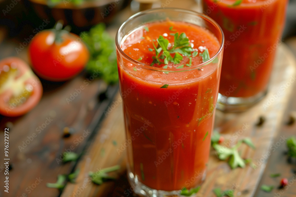 tomato juice with parsley and pepper, selective focus tomato juice with parsley and pepper, selective focus