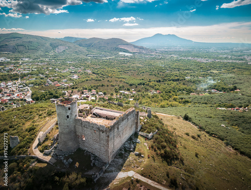 old castle of avella city, avellino, italy, aerial and vesuvio on background photo