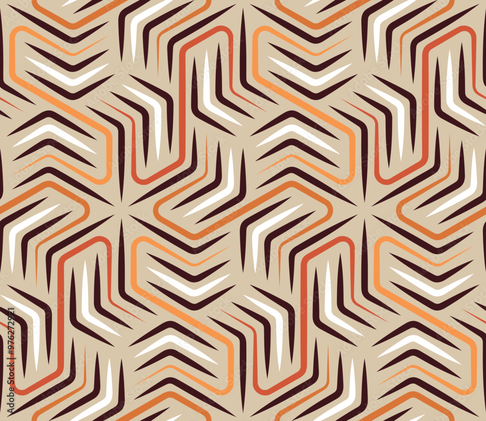 Obraz premium Seamless abstract geometric pattern. Interlocking striped hexagons with thin white, brown, and orange lines on a beige background. Trendy and elegant design in modern style. Vector illustration.