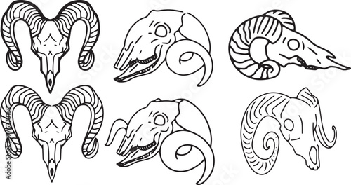 Set Line Art Clip art llustration skull Ink linear drawing in western style coloring. Engraving of occult non-living creature ritual. Modern print, design element dead animal contour deceased cattle photo