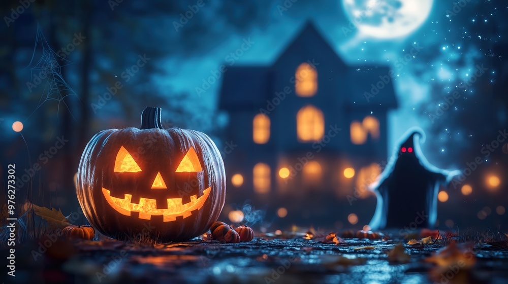 Halloween festive night with a carved pumpkin lit up, bats flying across a creepy haunted house in the background, setting the perfect tone for spooky-themed branding in a Halloween commercial. Halloween festive night with a carved pumpkin lit up, bats flying across a creepy haunted house in the background, setting the perfect tone for spooky-themed branding in a Halloween commercial.