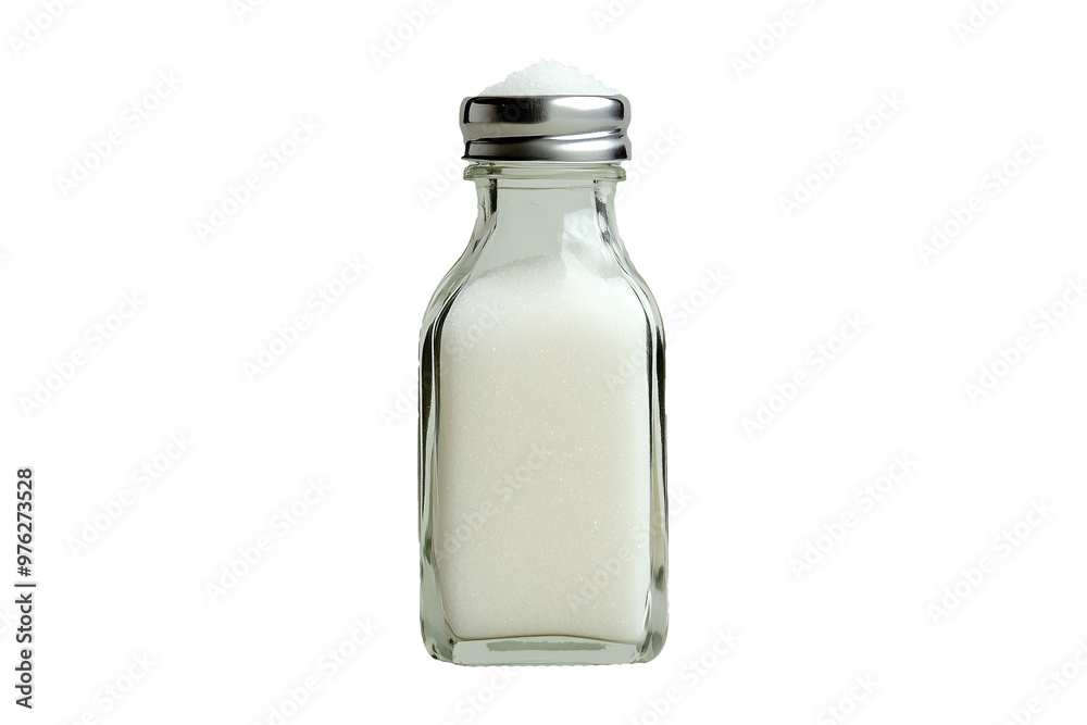 Glass salt shaker is filled to the brim with white salt isolated on white transparent background. Concept of cooking ingredients and seasoning essentials Glass salt shaker is filled to the brim with white salt isolated on white transparent background. Concept of cooking ingredients and seasoning essentials