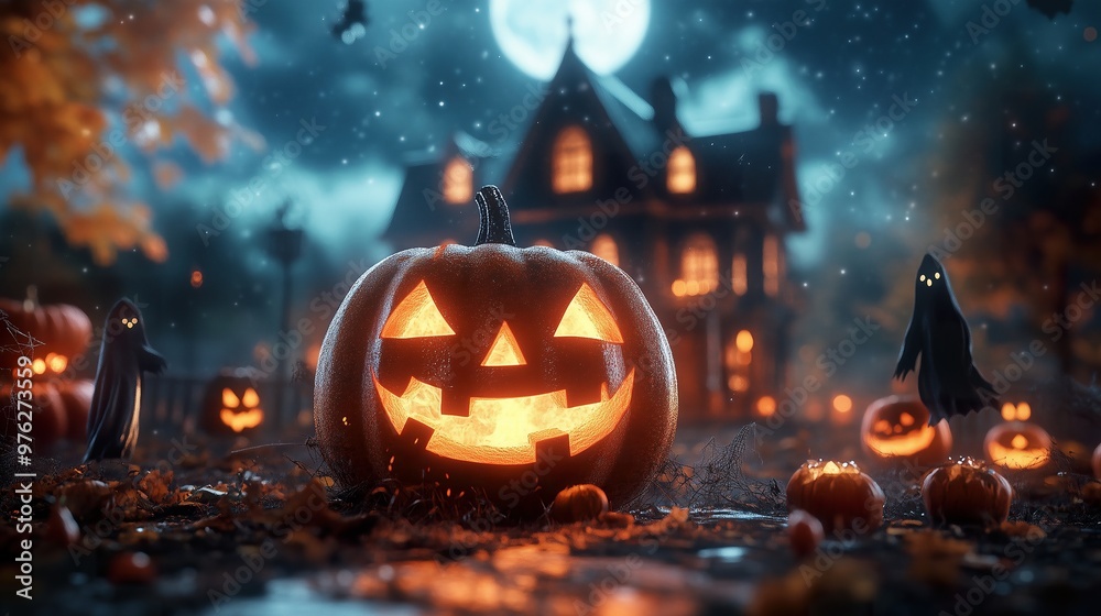 Fototapeta premium Halloween spooky pumpkin glowing with a haunted house and floating ghosts in the background, ideal for setting a haunting mood for marketing, ads, or seasonal designs for a Halloween commercial.