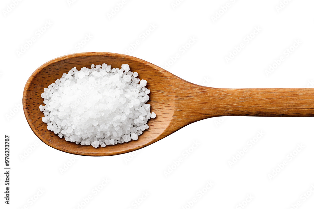 Coarse salt in wooden spoon isolated on white transparent background. Concept of cooking ingredients and seasoning essentials Coarse salt in wooden spoon isolated on white transparent background. Concept of cooking ingredients and seasoning essentials