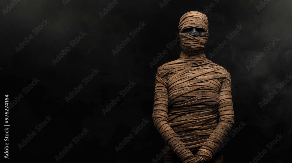 A mysterious figure completely wrapped in burlap cloth standing against a dark background, evoking a sense of enigma and suspense. A mysterious figure completely wrapped in burlap cloth standing against a dark background, evoking a sense of enigma and suspense.