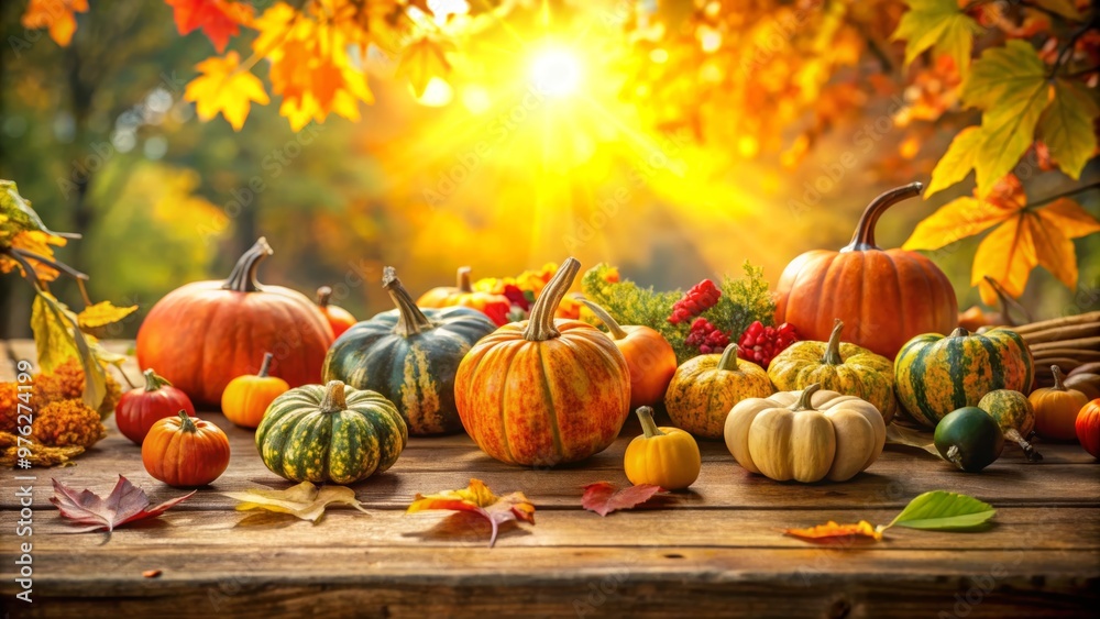 A vibrant autumn scene with assorted pumpkins and gourds on a wooden table against a backdrop of colorful fall foliage and sunlight. A vibrant autumn scene with assorted pumpkins and gourds on a wooden table against a backdrop of colorful fall foliage and sunlight.