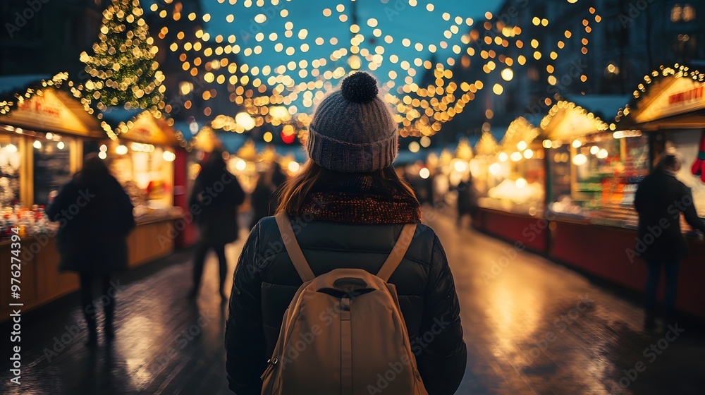 A woman in winter with her back to the camera, standing at an outdoor Christmas market decorated for the holiday season