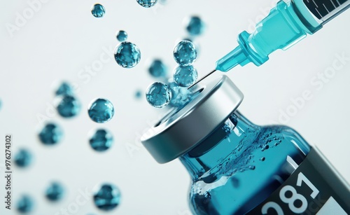 Close-up image of a syringe needle inserting into a vial filled with blue liquid, surrounded by molecular bubbles in a laboratory setting photo