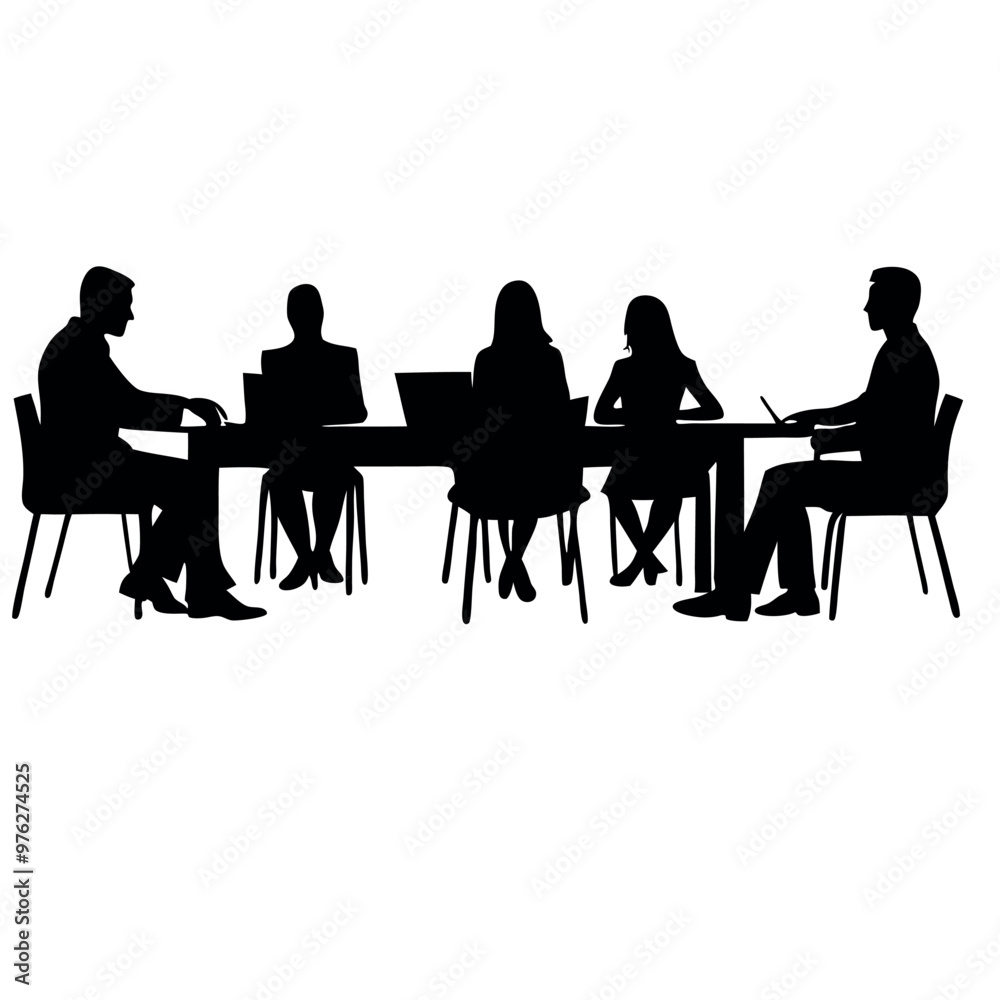 a group of six people sitting around a long table. The table is rectangular in shape and appears to be made of wood a group of six people sitting around a long table. The table is rectangular in shape and appears to be made of wood
