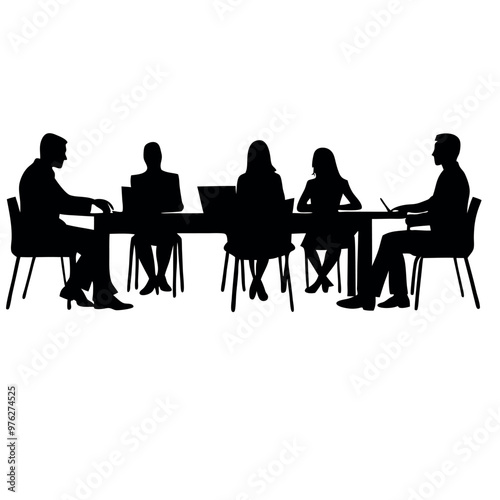 a group of six people sitting around a long table. The table is rectangular in shape and appears to be made of wood