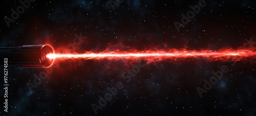 Red laser beam cutting through space with futuristic energy on a black starry background illustrating technology and science fiction concepts