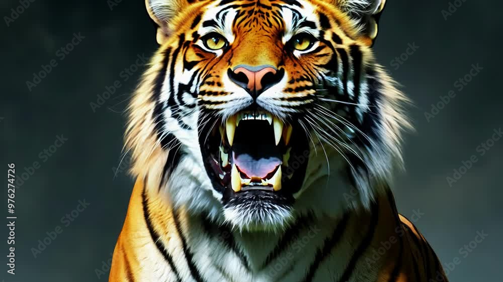 A large, angry tiger displays its powerful growl in the wild, showcasing its magnificent features and intimidating presence at dawn. Witness this fierce moment in nature.