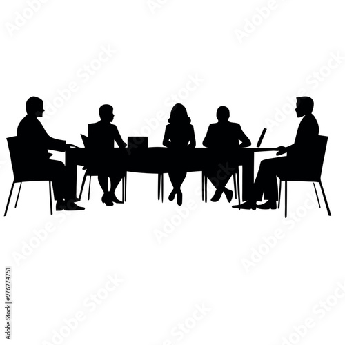 a group of six people sitting around a long table. The table is rectangular in shape and appears to be made of wood