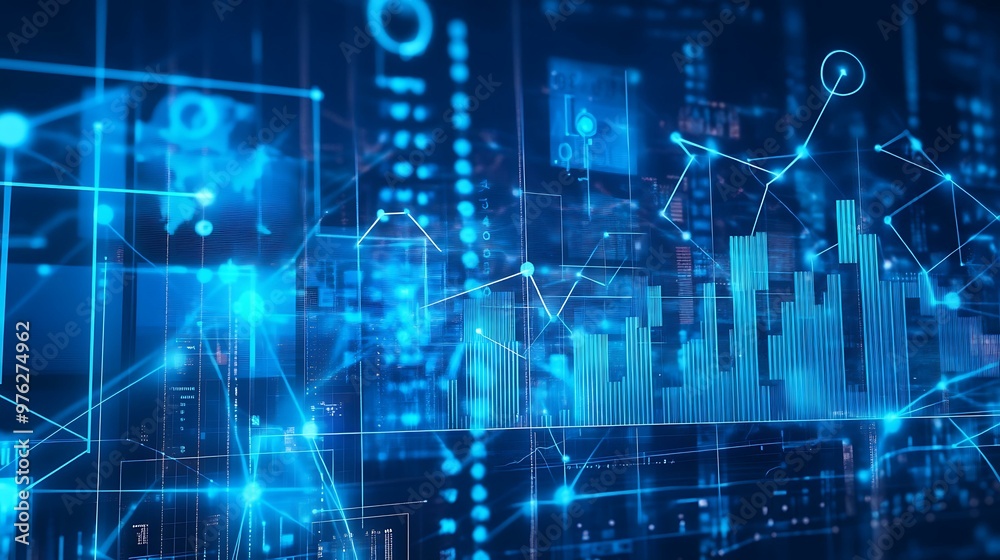 A blueprint illustration showcasing the concept of a growing technology business, with interconnected lines and upward graphs A blueprint illustration showcasing the concept of a growing technology business, with interconnected lines and upward graphs