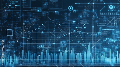 A blueprint illustration showcasing the concept of a growing technology business, with interconnected lines and upward graphs