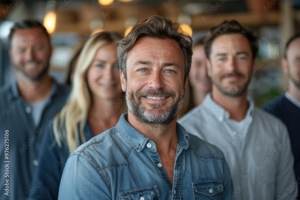 Smiling man standing in front of a group of people, team building event Smiling man standing in front of a group of people, team building event