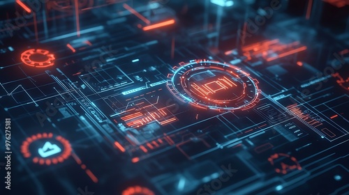 A futuristic blueprint design representing business growth, with charts, gears, and technology icons integrated into the design