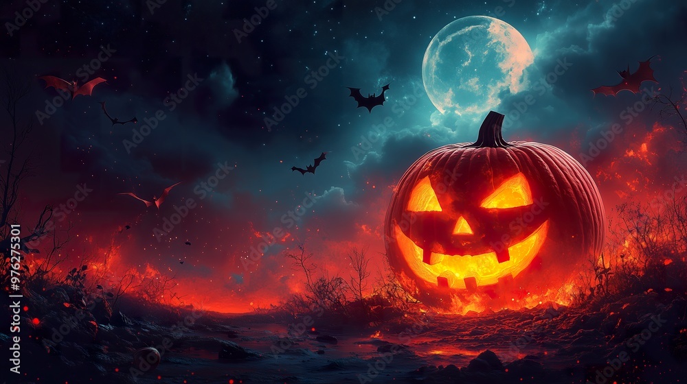 Halloween spooky Jack-o-lantern glowing in a misty background with bats and ghosts, perfect for a Halloween commercial. Halloween spooky Jack-o-lantern glowing in a misty background with bats and ghosts, perfect for a Halloween commercial.