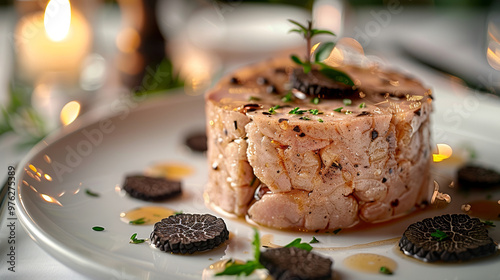 a portion of truffled foie gras tartare is elegantly presented on a modern, white porcelain plate