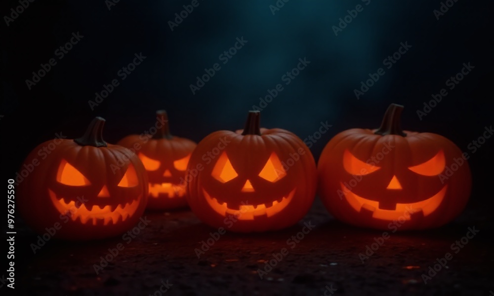 glowing Jack-o'-lanterns, spooky Halloween atmosphere, carved pumpkins glowing Jack-o'-lanterns, spooky Halloween atmosphere, carved pumpkins