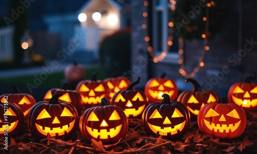 Wallpaper Mural glowing Jack-o'-lanterns, spooky Halloween atmosphere, carved pumpkins Torontodigital.ca