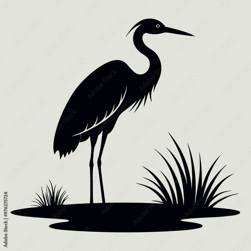 Fototapeta premium a heron standing on the edge of a body of water. The heron is facing towards the right side of the image, with its long neck and legs extended