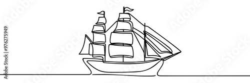 Continuous one line drawing of a ship. Vector illustration