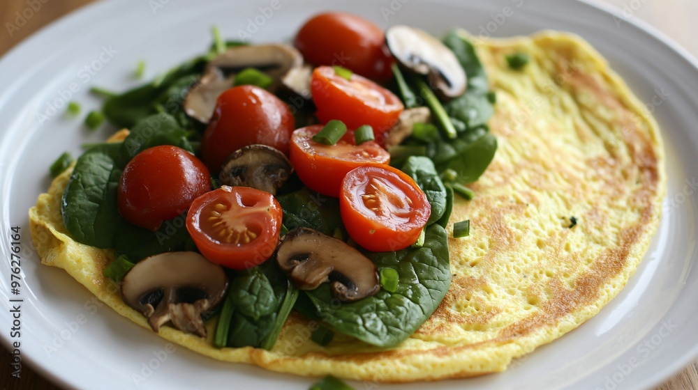 Omelette with spinach, cherry tomatoes, and mushrooms on a white plate. Omelette with spinach, cherry tomatoes, and mushrooms on a white plate.