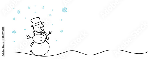 Snowman in a hat. Christmas decoration. Continuous line drawing. Vector illustration