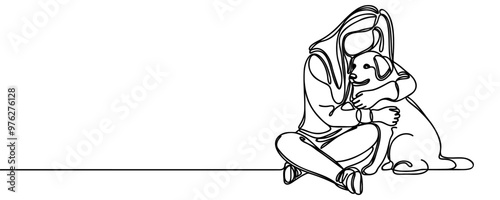 Friendship between human and animal in line art style vector. Dog with human continuous line minimalist logo. Linear black and white illustration on a white background