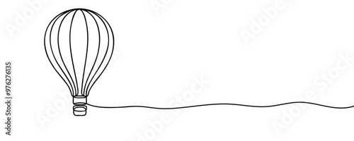 Hot air balloon in One continuous line drawing. Travel flying on aerostat in sky logo and divider concept in simple linear style. Editable stroke. Doodle vector illustration