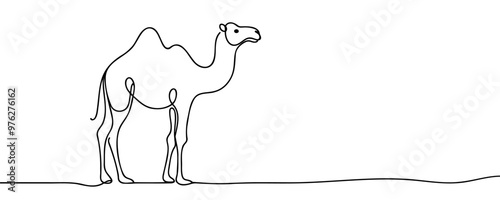 Continuous Line Drawing Of Camel. One Line Of Arabian Camel. Camel In Arabia Continuous Line Art. Editable Outline.